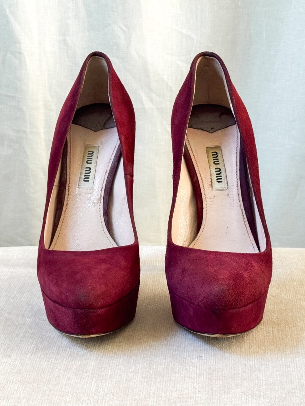 Miu Miu Burgundy Suede Platform Pumps Sculptural Heels 37.5